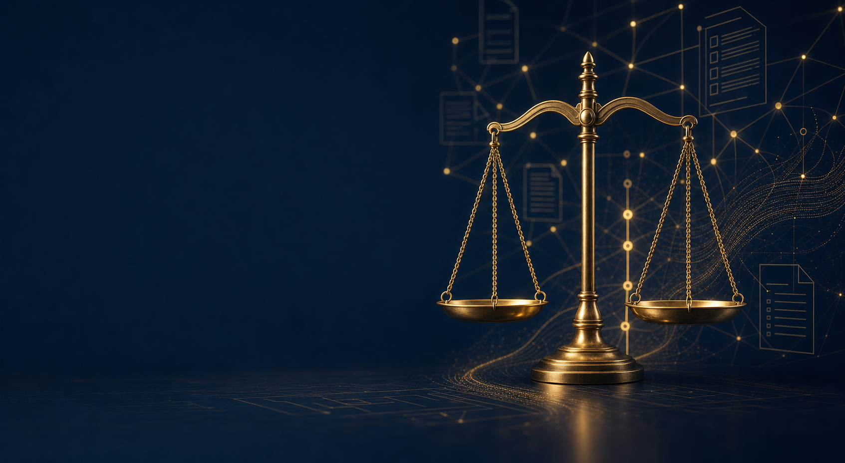 Navy and gold editorial illustration of scales of justice with document and data-network motifs, representing LexiFlow's legal AI platform